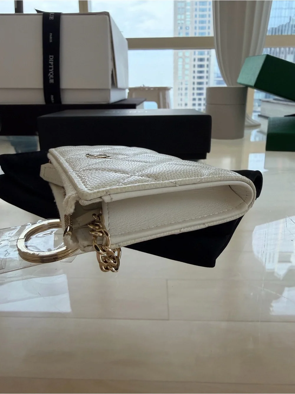 Auth CHANEL Quilted key ring Card Holder with champagne gold + white caviar